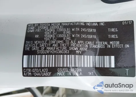 2017 Toyota Highlander Limited from USA, damaged, VIN 5TDDZRFH2HS380363